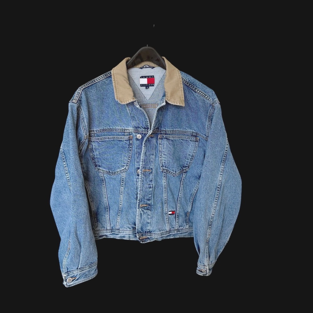 90's Tommy Hilfiger Denim Trucker Jacket Medium Wash Corduroy Collar Blue M